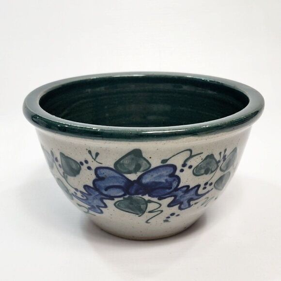 Great Bay Pottery 3.25" Mixing Bowl Leaves Bow Handmade Green Blue Floral - Picture 1 of 8